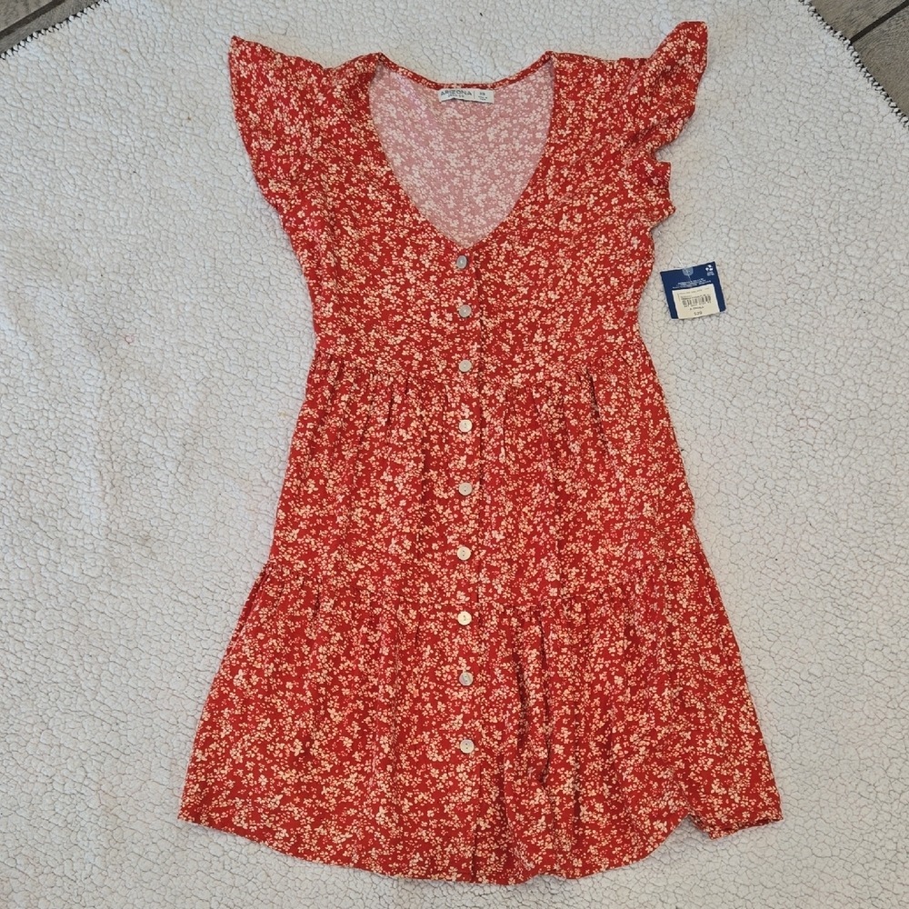 ARIZONA JEAN CO Red Floral Button Front Tiered Mini Dress XSmall
